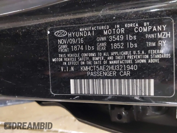 2017 Hyundai Accent SE with VIN KMHCT5AE2HU321940, listed as a IAAI auction lot 41801114 with 34,123 mi miles. Bid and sale history available at carsss.com. Image 9.