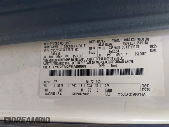 2015 Ford Transit Cargo with VIN 1FTYR2ZM2FKA86869, listed as a IAAI auction lot 42635477 with 14,695 mi miles and . Bid and sale history available at DreamBid. Image 9.