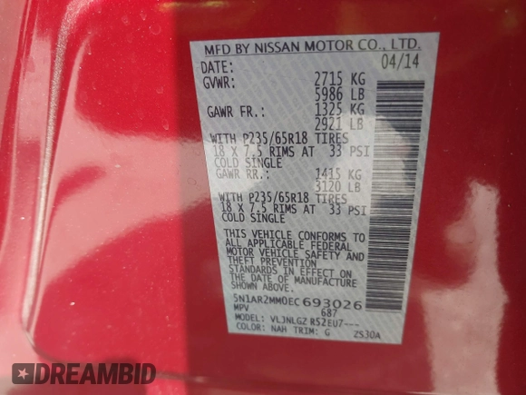 2014 Nissan Pathfinder Platinum with VIN 5N1AR2MM0EC693026, listed as a IAAI auction lot 42261095 with 132,180 mi miles and . Bid and sale history available at DreamBid. Image 9.