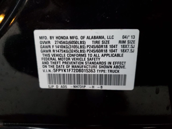 2013 Honda Ridgeline Sport with VIN 5FPYK1F72DB015363, listed as a Copart auction lot 76786614 with 101,714 mi miles and Salvage Title. Bid and sale history available at carsss.com. Image 12.