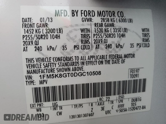 2013 Ford Explorer Sport with VIN 1FM5K8GT0DGC10508, listed as a Copart auction lot 43286765 with 169,515 mi miles and Salvage Title. Bid and sale history available at carsss.com. Image 13.