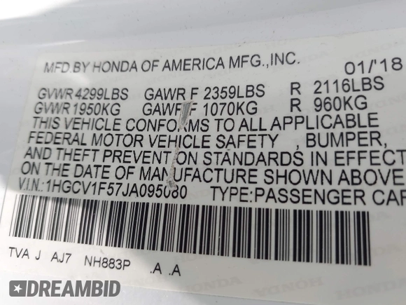 2018 Honda Accord EX-L with VIN 1HGCV1F57JA095080, listed as a IAAI auction lot 42472266 with 156,223 mi miles and . Bid and sale history available at DreamBid. Image 9.