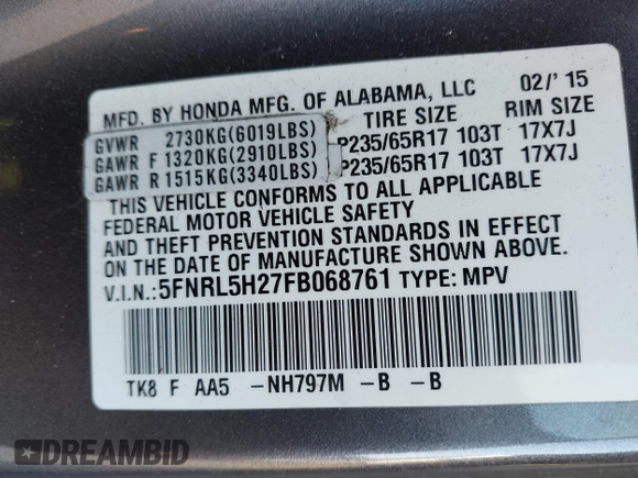 2015 Honda Odyssey LX с VIN 5FNRL5H27FB068761, выставлен на аукционе IAAI как лот 41479420 с пробегом 84 532 миль миль и . История ставок и продаж доступна на DreamBid. Изображение 9.