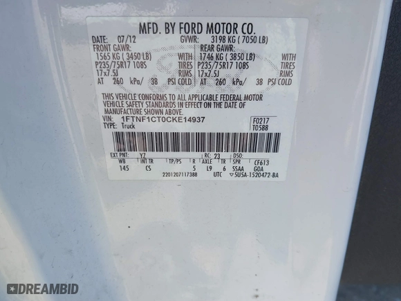 2012 Ford F-150 XL with VIN 1FTNF1CT0CKE14937, listed as a IAAI auction lot 41767652 with 1 mi miles. Bid and sale history available at carsss.com. Image 9.