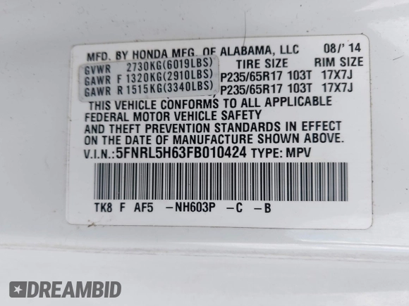 2015 Honda Odyssey EX-L z VIN 5FNRL5H63FB010424, wystawiony jako IAAI lot #42270930 z przebiegiem 72 025 mil mil oraz . Historia ofert i sprzedaży dostępna na DreamBid. Obrazek 9.