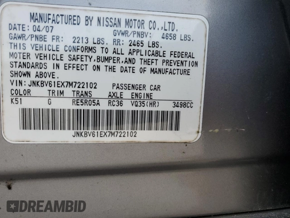 2007 Infiniti G35 Sedan Journey with VIN JNKBV61EX7M722102, listed as a Copart auction lot 41877035 with 246,000 mi miles and Salvage Title. Bid and sale history available at carsss.com. Image 12.