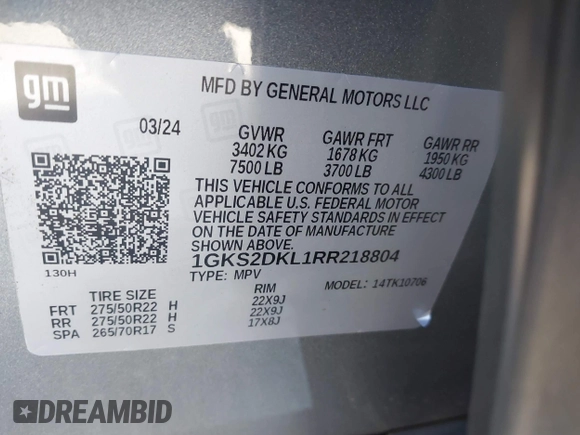 2024 GMC Yukon Denali with VIN 1GKS2DKL1RR218804, listed as a IAAI auction lot 41311247 with 13,628 mi miles. Bid and sale history available at carsss.com. Image 9.
