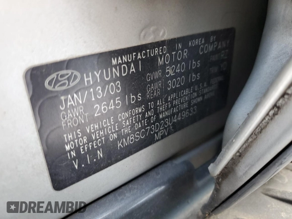 2003 Hyundai Santa Fe GLS with VIN KM8SC73D23U449633, listed as a Copart auction lot 88861775 with 181,299 mi miles and Salvage Title. Bid and sale history available at carsss.com. Image 15.