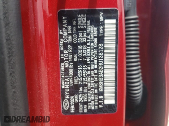 2024 Hyundai Kona SEL with VIN KM8HB3AB2RU136128, listed as a Copart auction lot 66012754 with Not Provided miles and Salvage Title. Bid and sale history available at DreamBid. Image 13.