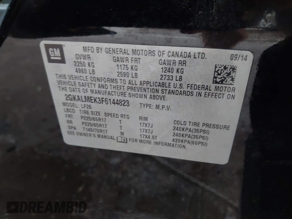 2015 GMC Terrain SLE z VIN 2GKALMEK3F6144823, wystawiony jako IAAI lot #42182126 z przebiegiem 188 550 mil mil oraz . Historia ofert i sprzedaży dostępna na DreamBid. Obrazek 9.