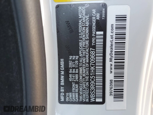 2017 BMW M4 с VIN WBS3R9C51HK709687, выставлен на аукционе Copart как лот 43172265 с пробегом 68 847 миль миль и Списание • Salvage title. История ставок и продаж доступна на DreamBid. Изображение 12.