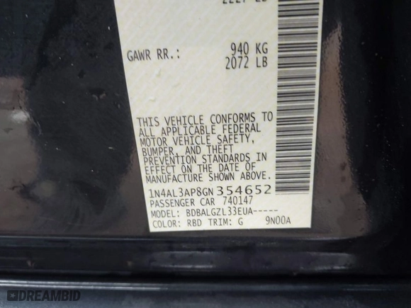 2016 Nissan Altima 2.5 SR with VIN 1N4AL3AP8GN354652, listed as a IAAI auction lot 41707435 with 128,813 mi miles. Bid and sale history available at carsss.com. Image 9.