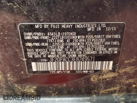 2014 Subaru Crosstrek Premium с VIN JF2GPACC3E8249571, выставлен на аукционе Copart как лот 58007245 с пробегом Не указан миль и Списание • Salvage title. История ставок и продаж доступна на DreamBid. Изображение 14.