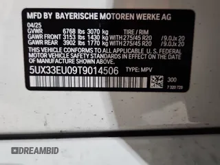 2026 BMW X5 M60i z VIN 5UX33EU09T9014506, wystawiony jako Copart lot #58346625 z przebiegiem 1 367 mil mil oraz Czysty tytuł • Clean title. Historia ofert i sprzedaży dostępna na DreamBid. Obrazek 14.