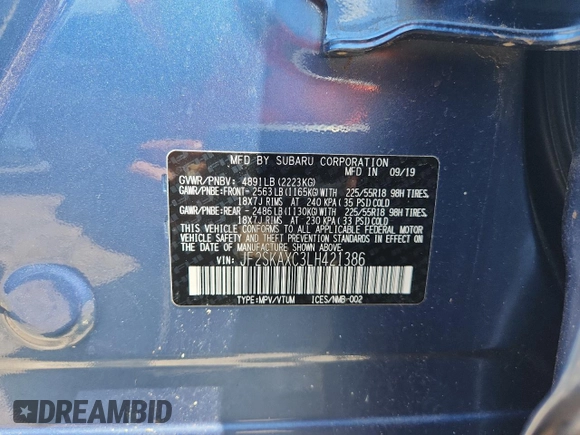 2020 Subaru Forester Touring with VIN JF2SKAXC3LH421386, listed as a Copart auction lot 63639205 with 38,559 mi miles and Salvage title. Bid and sale history available at DreamBid. Image 13.