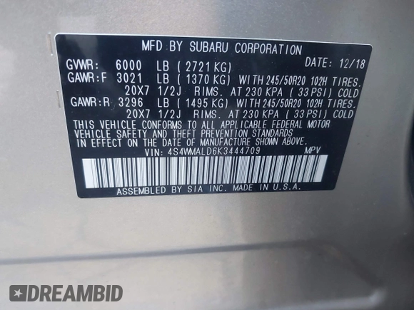 2019 Subaru Ascent Limited with VIN 4S4WMALD6K3444709, listed as a IAAI auction lot 41498973 with 81,205 mi miles and . Bid and sale history available at DreamBid. Image 9.