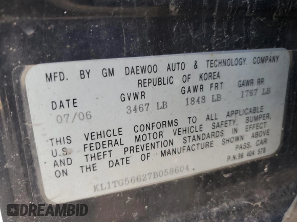 2007 Chevrolet Aveo LT with VIN KL1TG56627B058604, listed as a Copart auction lot 52907715 with Not provided miles and Clean title. Bid and sale history available at DreamBid. Image 12.