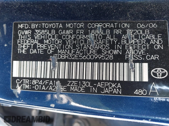 2006 Toyota Corolla CE with VIN JTDBR32E560099528, listed as a IAAI auction lot 42605005 with 140,727 mi miles and . Bid and sale history available at DreamBid. Image 9.