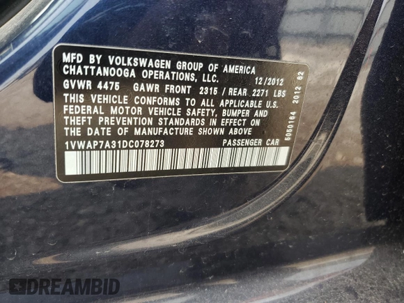 2013 Volkswagen Passat S with VIN 1VWAP7A31DC078273, listed as a Copart auction lot 55610515 with Not provided miles and Salvage title. Bid and sale history available at DreamBid. Image 12.