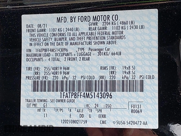 2021 Ford Mustang GT Premium with VIN 1FATP8FF4M5143096, listed as a IAAI auction lot 42013344 with 20,221 mi miles and . Bid and sale history available at DreamBid. Image 9.