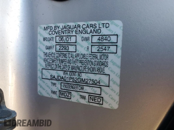 2002 Jaguar S-Type with VIN SAJDA01P52GM27504, listed as a Copart auction lot 57850944 with 119,707 mi miles and Clean Title. Bid and sale history available at DreamBid. Image 12.