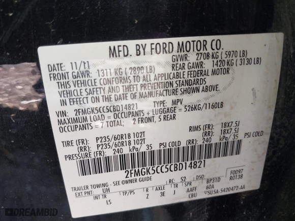 2012 Ford Flex SEL with VIN 2FMGK5CC5CBD14821, listed as a IAAI auction lot 41416305 with 154,510 mi miles. Bid and sale history available at carsss.com. Image 9.