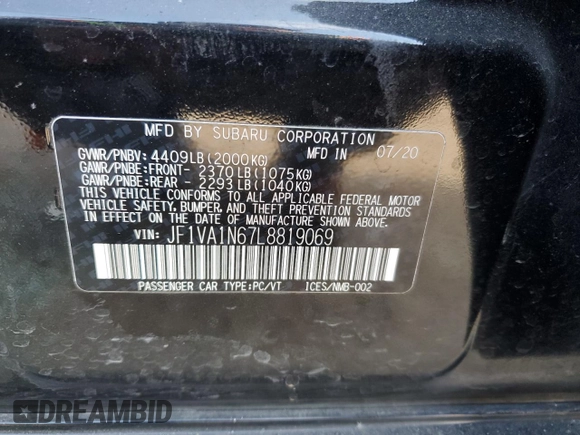2020 Subaru WRX Limited with VIN JF1VA1N67L8819069, listed as a Copart auction lot 46310235 with Not provided miles and Salvage title. Bid and sale history available at DreamBid. Image 12.