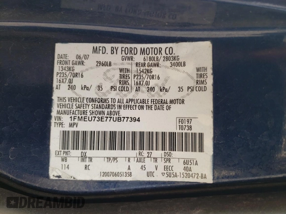 2007 Ford Explorer XLT with VIN 1FMEU73E77UB77394, listed as a Copart auction lot 51183335 with 190,128 mi miles and Salvage Title. Bid and sale history available at carsss.com. Image 13.