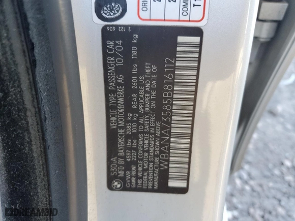 2005 BMW 5 Series 530i with VIN WBANA73585B816112, listed as a Copart auction lot 86189394 with 221,964 mi miles and Salvage Title. Bid and sale history available at carsss.com. Image 14.