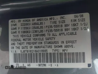 2008 Acura RDX with VIN 5J8TB18218A018985, listed as a IAAI auction lot 42757879 with 173,365 mi miles and . Bid and sale history available at DreamBid. Image 9.
