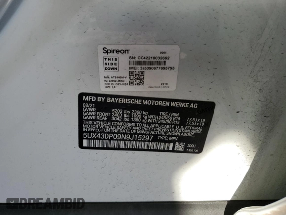 2022 BMW X3 sDrive30i with VIN 5UX43DP09N9J15297, listed as a Copart auction lot 46550435 with 49,750 mi miles and Salvage Title. Bid and sale history available at DreamBid. Image 13.