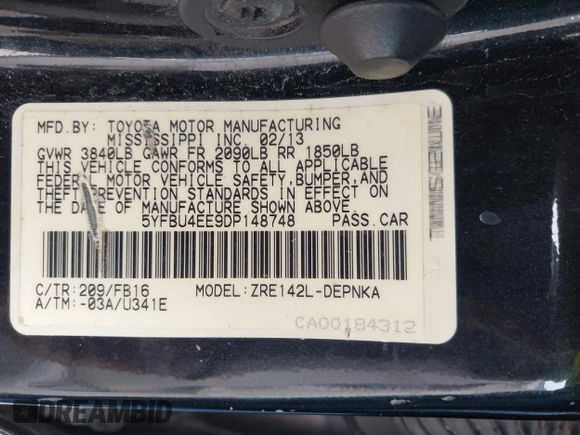 2013 Toyota Corolla L with VIN 5YFBU4EE9DP148748, listed as a IAAI auction lot 40919169 with 102,394 mi miles and . Bid and sale history available at DreamBid. Image 9.