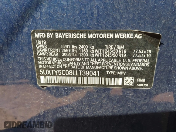 2020 BMW X3 xDrive30i with VIN 5UXTY5C08LLT39041, listed as a IAAI auction lot 42048396 with 52,757 mi miles and . Bid and sale history available at DreamBid. Image 9.