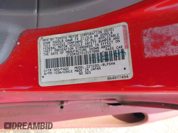 2001 Toyota Celica GT с VIN JTDDR32T010107888, выставлен на аукционе IAAI как лот 42202531 с пробегом Не указан миль и . История ставок и продаж доступна на DreamBid. Изображение 9.