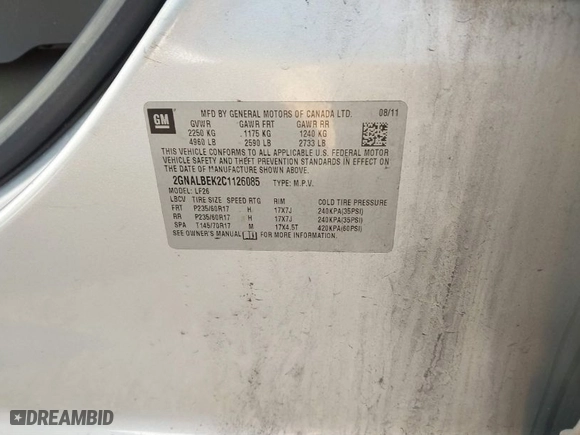 2012 Chevrolet Equinox LS with VIN 2GNALBEK2C1126085, listed as a IAAI auction lot 41883683 with 176,478 mi miles. Bid and sale history available at carsss.com. Image 9.