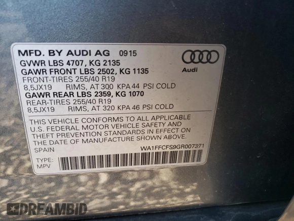 2016 Audi Q3 Prestige with VIN WA1FFCFS9GR007371, listed as a Copart auction lot 81291073 with 60,445 mi miles and . Bid and sale history available at DreamBid. Image 13.
