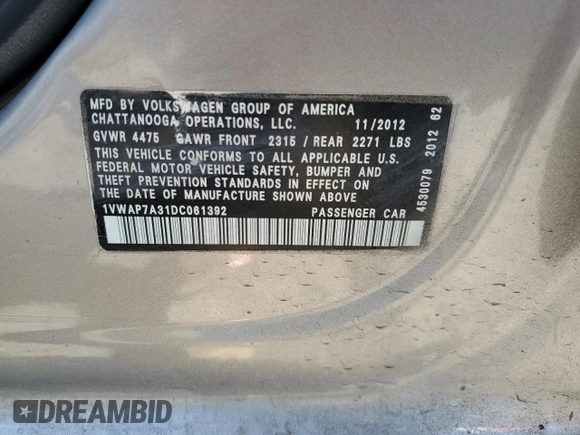 2013 Volkswagen Passat S z VIN 1VWAP7A31DC061392, wystawiony jako Copart lot #60318015 z przebiegiem 102 563 mil mil oraz Szkoda całkowita • Salvage title. Historia ofert i sprzedaży dostępna na DreamBid. Obrazek 14.