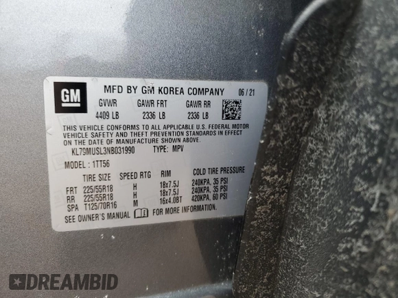 2022 Chevrolet TrailBlazer RS with VIN KL79MUSL3NB031990, listed as a Copart auction lot 47277075 with 31,648 mi miles and Salvage Title. Bid and sale history available at DreamBid. Image 15.