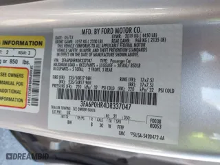 2013 Ford Fusion SE with VIN 3FA6P0HR4DR337047, listed as a IAAI auction lot 41997094 with 195,687 mi miles. Bid and sale history available at carsss.com. Image 9.