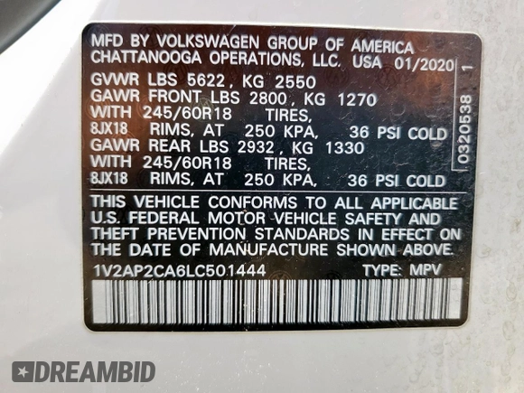 2020 Volkswagen Atlas S с VIN 1V2AP2CA6LC501444, выставлен на аукционе Copart как лот 60483775 с пробегом 80 795 миль миль и Списание • Salvage title. История ставок и продаж доступна на DreamBid. Изображение 13.