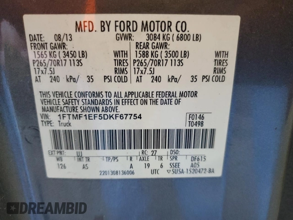 2013 Ford F-150 XL with VIN 1FTMF1EF5DKF67754, listed as a Copart auction lot 42208864 with 254,867 mi miles and Clean Title. Bid and sale history available at carsss.com. Image 13.