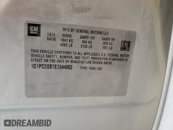 2014 Chevrolet Cruze 1LT with VIN 1G1PC5SB7E7344062, listed as a Copart auction lot 71030854 with 155,993 mi miles and Salvage Title. Bid and sale history available at carsss.com. Image 14.