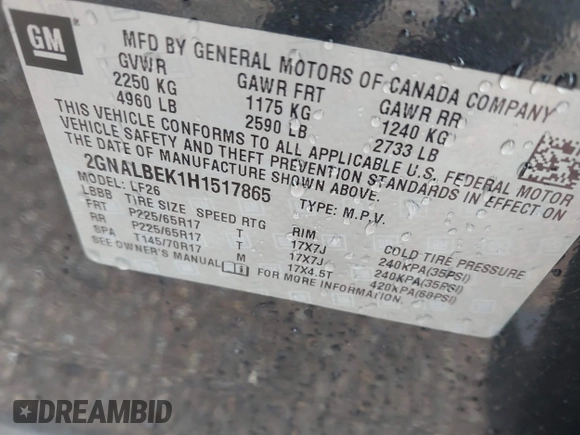 2017 Chevrolet Equinox LS with VIN 2GNALBEK1H1517865, listed as a IAAI auction lot 42085063 with 128,100 mi miles and . Bid and sale history available at carsss.com. Image 9.