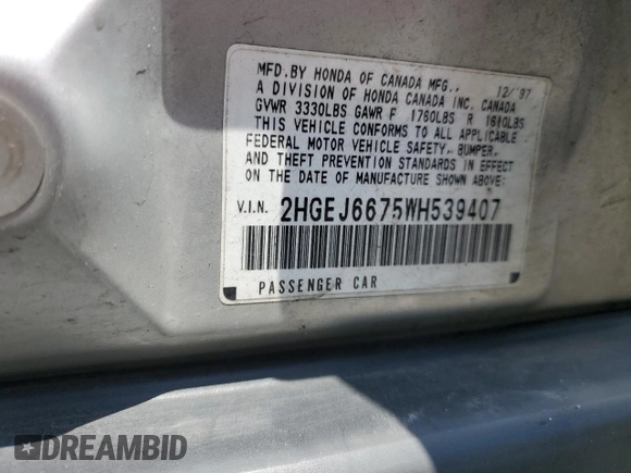 1998 Honda Civic LX z VIN 2HGEJ6675WH539407, wystawiony jako Copart lot #56715815 z przebiegiem 90 882 mil mil oraz Szkoda całkowita • Salvage title. Historia ofert i sprzedaży dostępna na DreamBid. Obrazek 12.