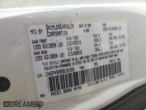 2005 Dodge Caravan SXT with VIN 1D4GP45R95B181591, listed as a IAAI auction lot 42628977 with 140,361 mi miles and . Bid and sale history available at DreamBid. Image 9.