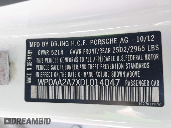 2013 Porsche Panamera with VIN WP0AA2A7XDL014047, listed as a IAAI auction lot 42010031 with 118,681 mi miles and . Bid and sale history available at DreamBid. Image 9.