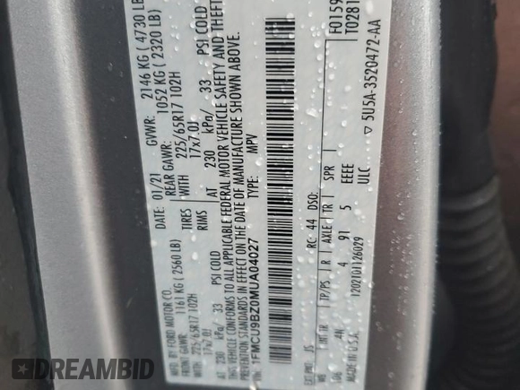 2021 Ford Escape SE Hybrid with VIN 1FMCU9BZ0MUA04027, listed as a Copart auction lot 83825274 with 97,068 mi miles and Salvage title. Bid and sale history available at DreamBid. Image 13.