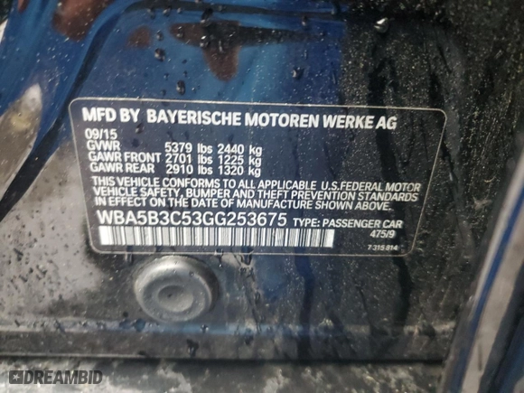 2016 BMW 5 Series 535i xDrive with VIN WBA5B3C53GG253675, listed as a Copart auction lot 52315735 with 154,156 mi miles and Salvage Title. Bid and sale history available at carsss.com. Image 12.