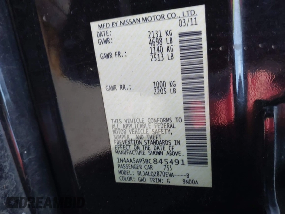 2011 Nissan Maxima SV z VIN 1N4AA5AP3BC845491, wystawiony jako IAAI lot #41262141 z przebiegiem Nie podano mil oraz . Historia ofert i sprzedaży dostępna na DreamBid. Obrazek 9.
