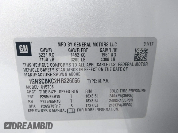 2017 Chevrolet Tahoe LT с VIN 1GNSCBKC2HR226056, выставлен на аукционе IAAI как лот 42614337 с пробегом 79 609 миль миль и . История ставок и продаж доступна на DreamBid. Изображение 9.